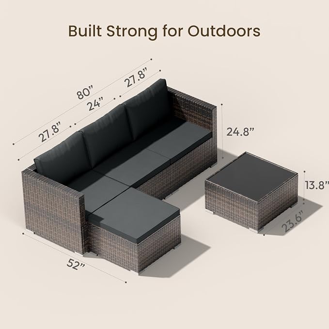 Patio Furniture Set - All-Weather -5 Piece Outdoor Patio Conversation Couch Sets, Modular Wicker Rattan Sectional Sofa for Garden, Patio, Poolside, Backyard, Balcony, Porch,Medium Gray