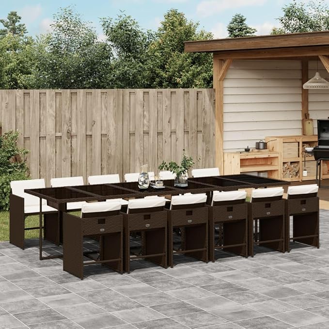 13-Piece Patio Dining Set with Cushions Brown PE Rattan Outdoor Furniture Set for Garden Backyard Balcony Foldable Chairs Tempered Glass Table