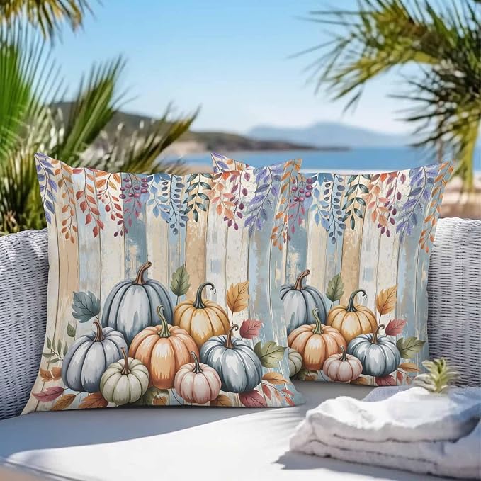 Orange Pumpkins Outdoor Waterproof Pillow Covers, Eucalyptus Leaves Wood Grain Country Rustic Decorative Square Throw Pillowcase Sofa Cushion Sham for Patio/Couch/Chair, 26"x26" 2 Pack