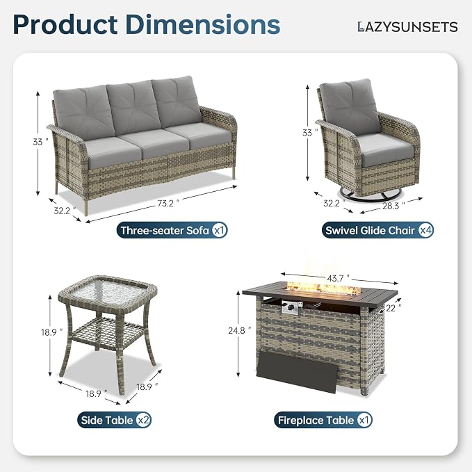 LazySunsets Luxury 10-Piece Patio Furniture Set with 44'' Fire Pit Table, Wicker Rattan Sofa with Thick Cushion, Outdoor Conversation Set for Backyard, Poolside & Garden, Beige/Gray