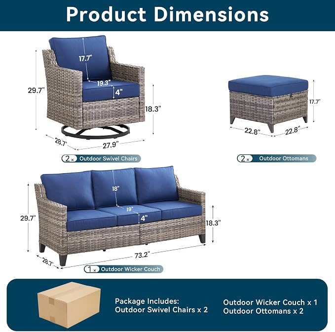 5 Pieces Wicker Patio Furniture Set-High Back Outdoor Wicker Couch Patio Chairs Set of 2 with Comfy Cushions Ottomans Patio Furniture Set for Backyard Porch Garden Deck Grey/Beige