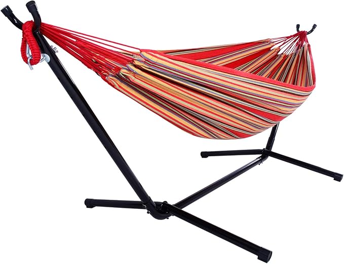 Double Hammock with Space Saving Steel Stand,2 People Standing Hammocks with Portable Carrying Bag,Easy Assembly,330lb Capacity,Perfect for Indoor,Yard,Camping,Garden (Red)