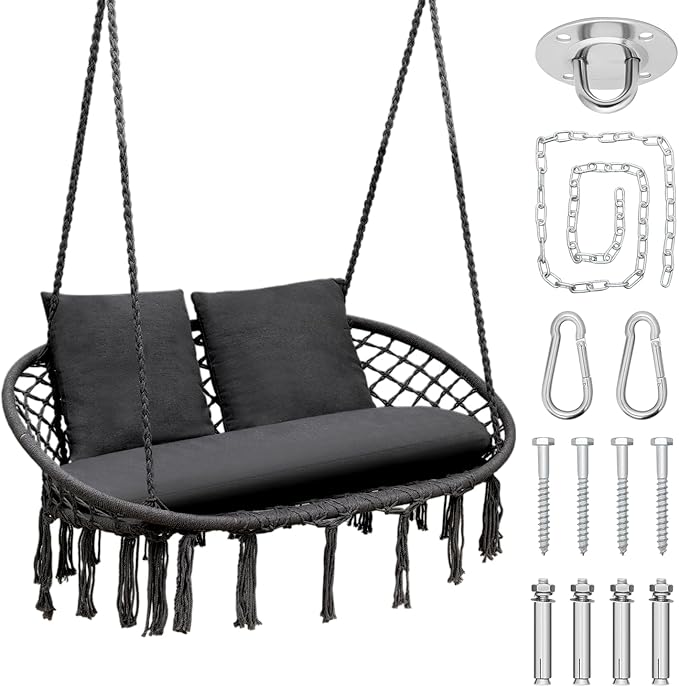 Double Hammock Chair for Indoor & Outdoor Use, Durable Woven Cotton Ropes & Iron Frame, Comfortable Seating for Patio Garden and Porch, 700 lbs Capacity, Black