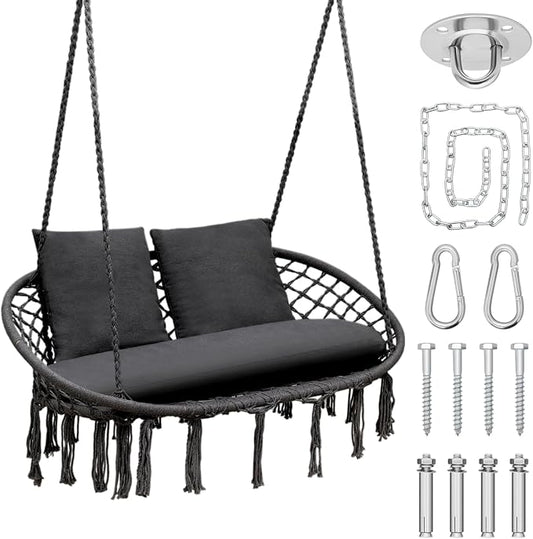 Double Hammock Chair for Indoor & Outdoor Use, Durable Woven Cotton Ropes & Iron Frame, Comfortable Seating for Patio Garden and Porch, 700 lbs Capacity, Black