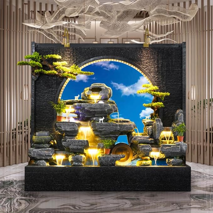 Elegant Multi-Flow Cement Water Fountain with Decorative Plants, LED Lights, and Traditional Aesthetic - Ideal for Indoor and Outdoor Spaces, 77 inch Long, 71 inch Tall