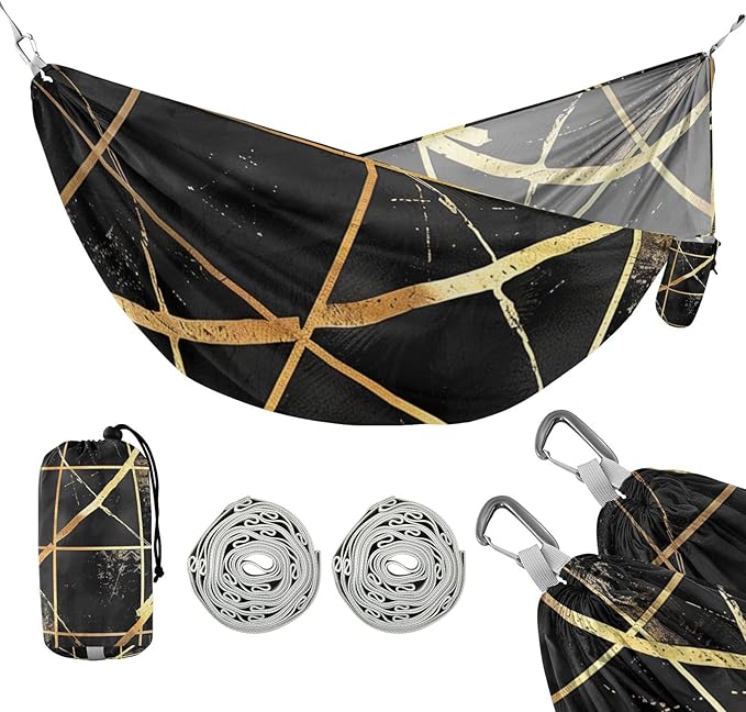 Black and Gold Plaid Geometric Lines 330lb Capacity Hammocks for Camping with Tree Straps Indoor Hammock for Indoor Outdoor Patio hamaca de Algodon para Jardin