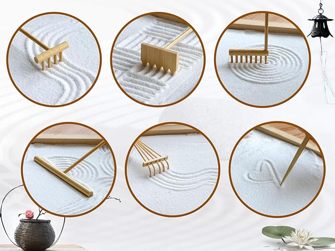 Mini Zen Garden Rake Tool - Tabletop Meditation Rock Sand Garden Kits with Moss Rakes Brusher Spoon Figurines Holder