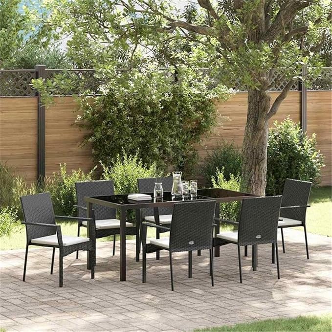 Afuera Living 7-Piece Poly Rattan Garden Dining Set, Black Finish, Cushioned Seating for 6, Tempered Glass Tabletop, Weather-Resistant Outdoor Furniture for Patio or Garden Dining and Entertaining