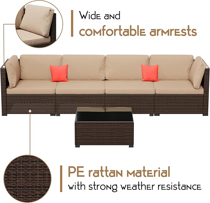LHBcraft 7 Pieces Outdoor Patio Furniture Sets,PE Rattan Wicker Patio Conversation Set with Tea Table,Patio Sectional with Thick Cushions,Outdoor Furniture for Garden, Deck