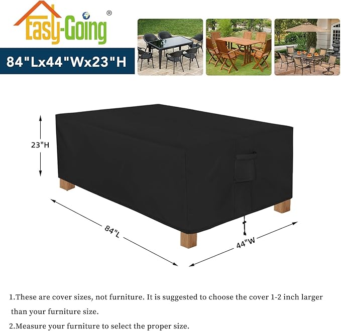 Easy-Going Patio Furniture Cover Waterproof Outdoor Rectangular Table Cover with Seal Tape at Seams (84" L x 44" W x 23" H, Black)