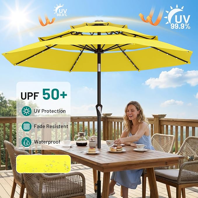 AreShark 9ft 3 Tiers Patio Umbrella with Solar Lights, Outdoor Umbrella w/ 32 LED Lights&8 Sturdy Ribs, Table Umbrella for Deck, Backyard, Pool (Yellow)