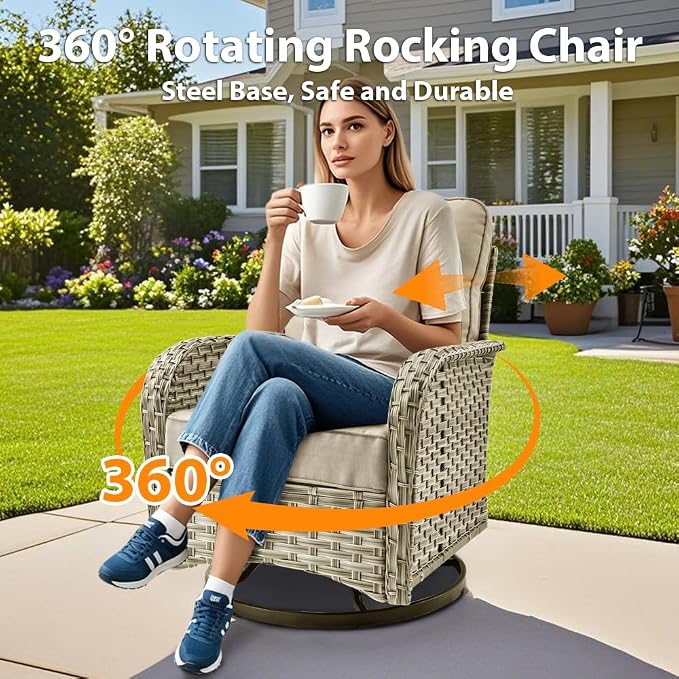11 Pieces Patio Sectional Furniture Set, Outdoor Wicker Sectional Couch with Firepit Swivel Rocker Chairs Solar Lights Table, Modern Conversation Set for Porch Balcony Backyard, Beige