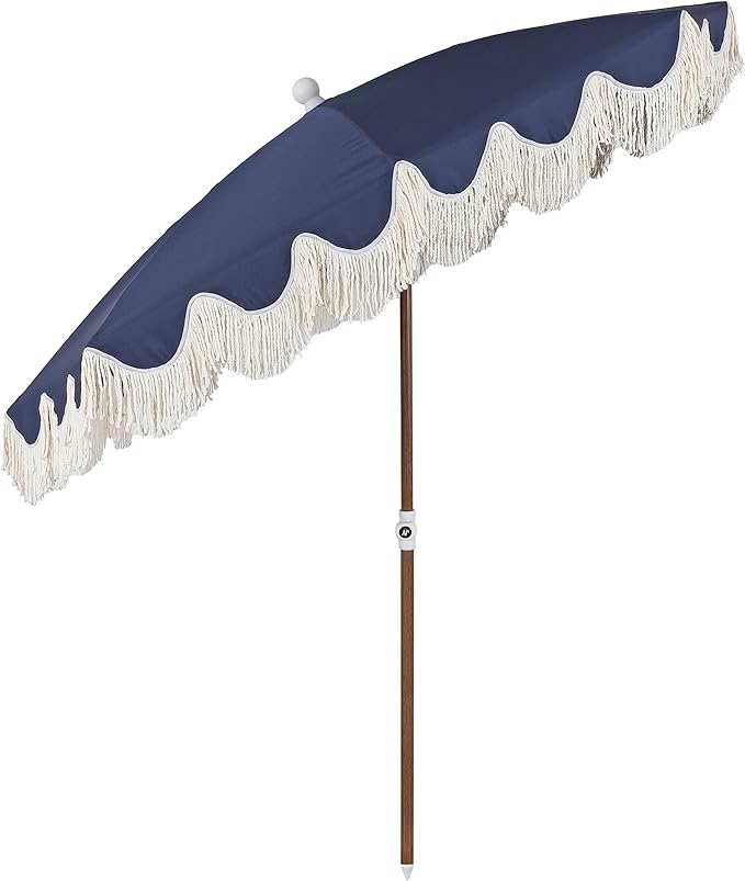 JONATHAN Y Mariner 6.5 ft. Beach Umbrella, Navy Solid with Fringe, Push-Button Tilt, UPF 50+ Sun Protection and Carrying Bag for Patio and Pool, Dark Brown Wood-Finish Pole UMB1005I