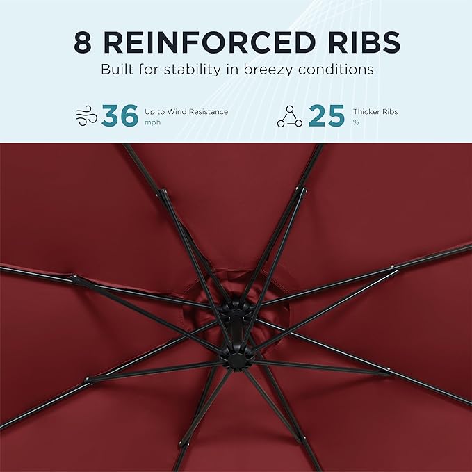 10FT Offset Patio Umbrella, Cantilever Hanging Umbrella with Infinite Tilt, Fade-Resistant Water-Repellent Canopy & Cross Base for Yard, Garden & Deck
