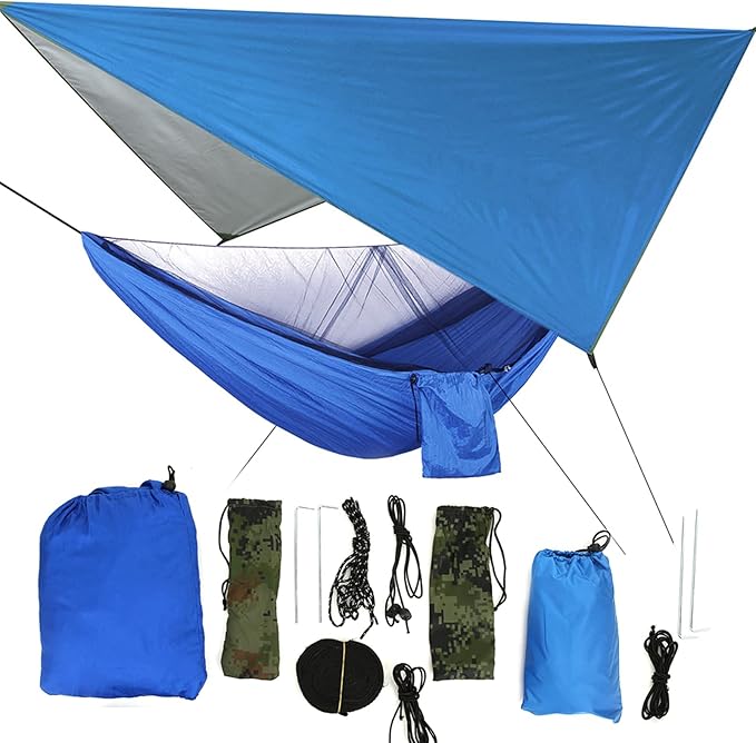 Portable Hammock with Net, Integrated Hanging Hammock for Outdoor Camping Traveling, Canopy to Wind Rain, Sturdy Nylon Fabric Polyester Material, Supports Up to (Blue Sky with Blue Hammock)