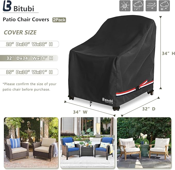 Bitubi Waterproof Patio Chair Covers, Lounge Deep Seat Cover Fits Up to 32W x 34D x 34H inch, Heavy Duty Outdoor Lawn Patio Furniture Cover (2 Pack, Black)