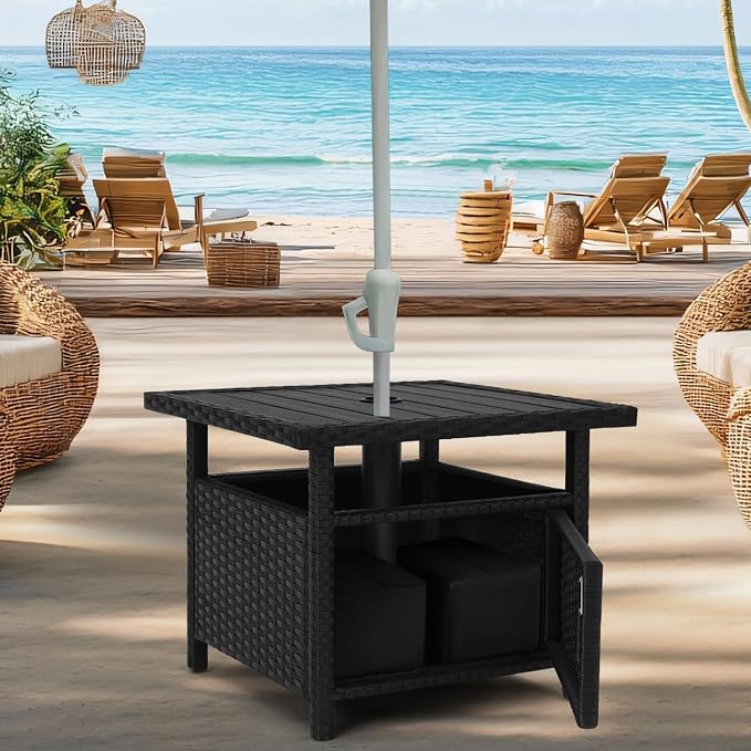 Outdoor Patio Umbrella Side Table with Umbrella Hole Small Wicker Coffee Table with Storage & 2 Weight Bags for Outside End Tables with Poly Lumber Top for Pool Deck Backyard Black