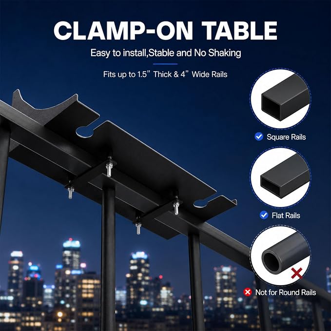 Balcony Railing Table, Clamp-On for Flat & Square Rails, Wine Glass Slots | Heavy-Duty Alloy Steel Carbon Coating, Balcony Deck Outdoor Patio, Drain Holes, Easy Installation, 17"Lx7.8"W
