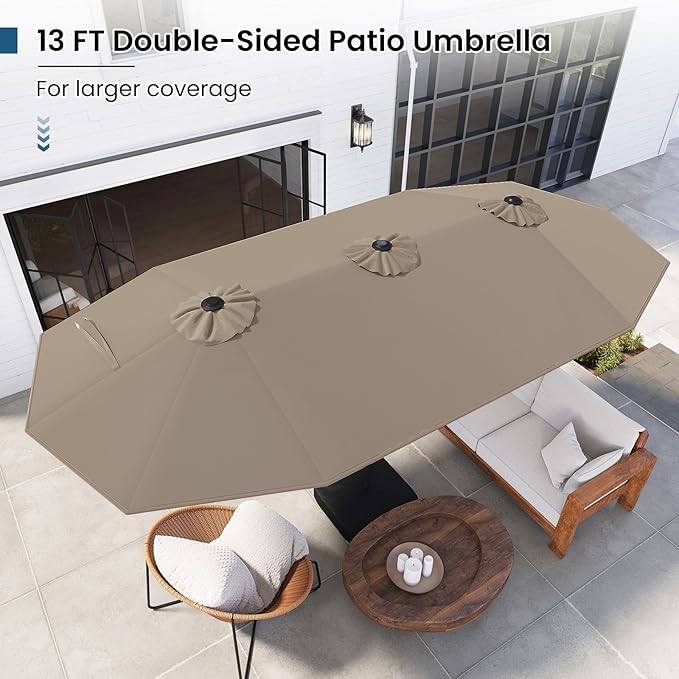 Tangkula 13FT Double-Sided Solar Patio Umbrella, Extra-Large Outdoor Twin Umbrella with 36 LED Lights, Vented Top, Crank Handle, 12 Ribs, Weighted Base Included for Backyard Poolside Deck (Tan)