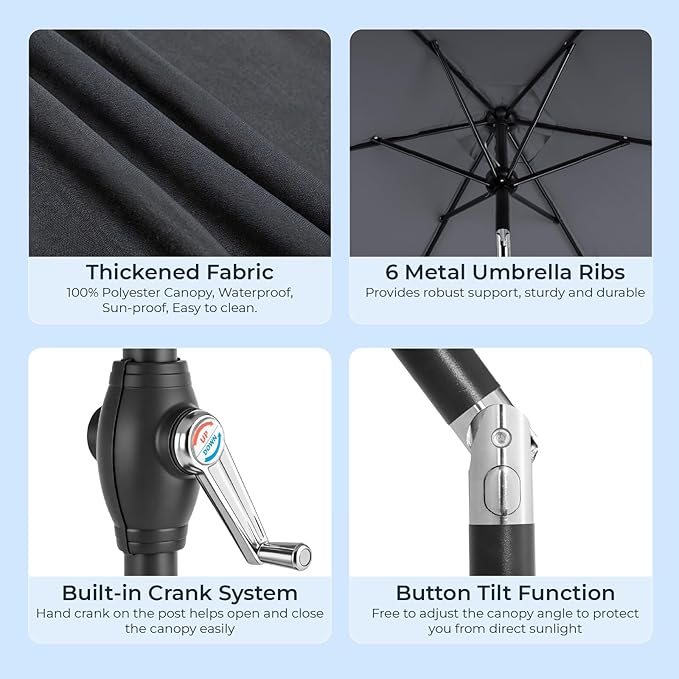 Outdoor Patio Umbrella, 7.5ft Sun Umbrella with Tilt Adjustment and Crank, 6 Ribs Outdoor Umbrellas for Patio, Deck, Garden，Yard, Poolside