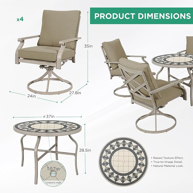 5-Piece Patio Dining Set, 4 Swivel Chairs with Removable Thickened Cushions & a 3D Textured Table with Umbrella Hole, All-Weather Furniture for Backyard, Garden, Lawn, Beige