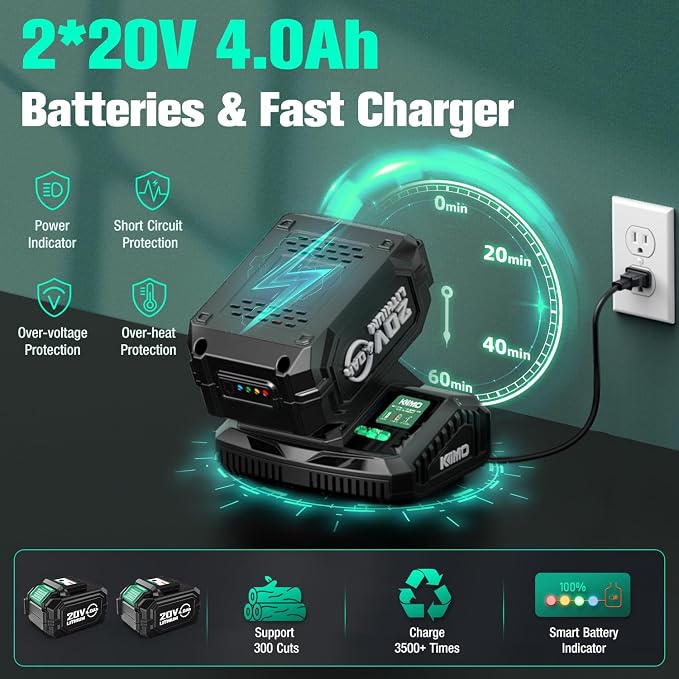 KIMO Mini Electric Chainsaw Cordless w/2 x 4.0Ah Battery & Fast Charger, 34 FT/S Powerful Cutting, Auto Oiler, Security Lock, Battery Operated Chainsaw for Wood Cutting Tree Trimming