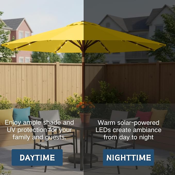 9' Solar LED Patio Umbrella with Tilt & Crank|8 Sturdy Ribs,UV Protection,Outdoor Market Table Umbrella for Deck,Lawn,Pool,Backyard(Yellow)