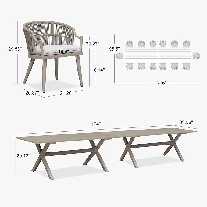 PURPLE LEAF 16 Pieces Outdoor Dining Set All Weather Wicker Patio Dining Set with Rectangular Aluminum Table and Modern Armrest Dining Chairs for Garden Deck Backyard Kitchen, Champagne