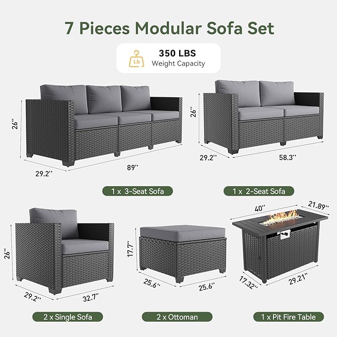 Aoxun 7 Piece Patio Furniture Set with Fire Pit Table, 9 Seats Outdoor Furniture Set with Wicker Ottomans, Rattan Outdoor Sectional Sofa with Thickened Cushion & Waterproof Cover Grey