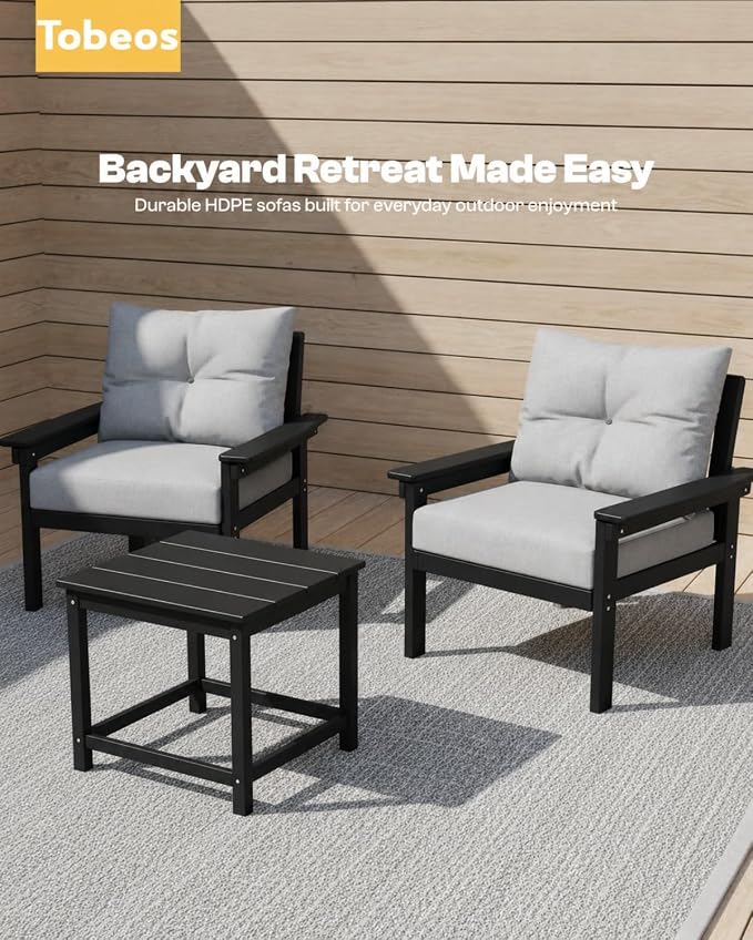 HDPE 7 Piece Patio Furniture Set, All-Weather Outdoor Couch Set with Thick Cushions & Coffee Table & Side Table, Patio Conversation Sets for Lawn, Garden, Porch, Balcony, Deck, Black & Grey