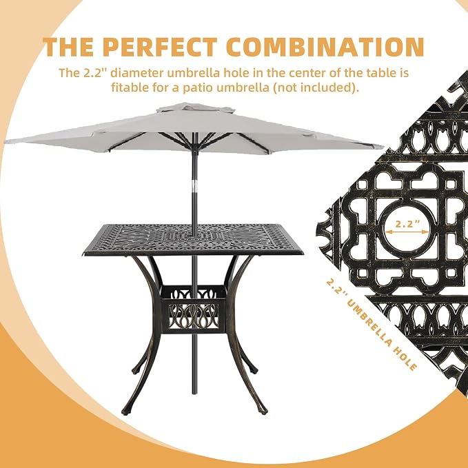 5 Piece Patio Dining Set, Outdoor Table and Chairs Set for 4 Cushioned Swivel Rocking Chairs and 35.4'' Square Table, All-Weather Cast Aluminum Patio Funiture Set, 2.2'' Umbrella Hole, Navy