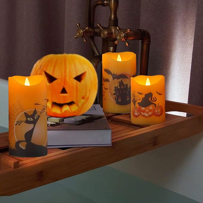 CANDLE CHOICE Orange Halloween Flameless Candles with Remote and Timer Real Wax Realistic Flickering Fake Electric Battery Operated LED Pillars Halloween Theme Decals for Halloween Decorations 3 Pack
