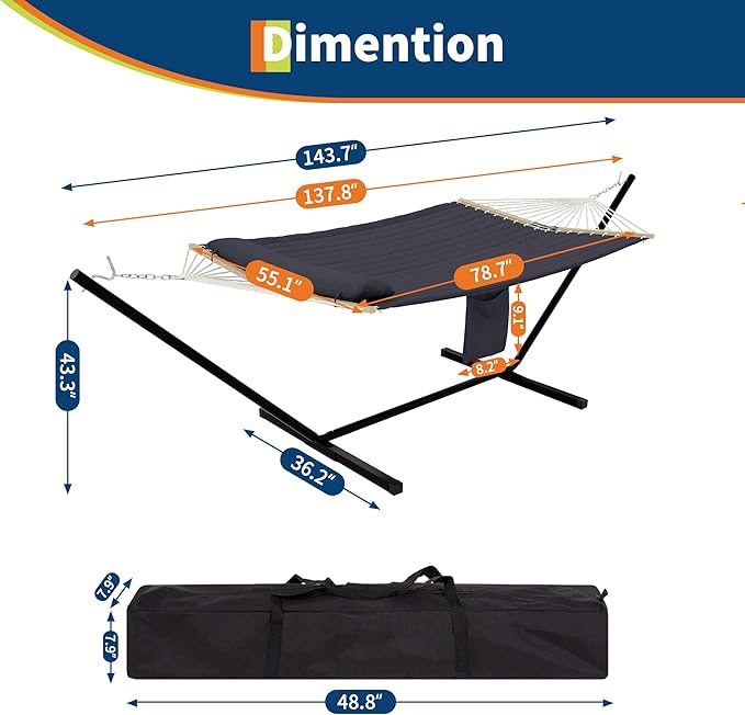 2-Person Hammock Suite with Collapsible Steel Frame – Backyard Oasis & Camping Essential (450lb Support, UV-Resistant + Storage Bag),Dark Gray (Concave)