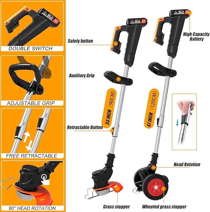 Weed Wacker Cordless Electric Weed Eater Battery Powered, Lightweight No-String Weed Trimmer with 2 Batterys & Wheels, 3 in 1 Stringless Grass Trimmer/Edger/Brush Cutter for Garden Yard Lawn