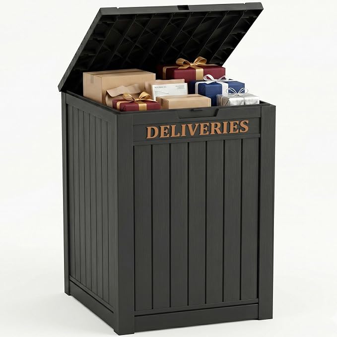 Outdoor Storage Box, 70 Gallon Package Delivery Boxes for Outside, with Lockable Secure, Deck Box Outdoor Waterproof for Entryway, Front Porch, Backyard, Garden, Patio, Lawn, Black