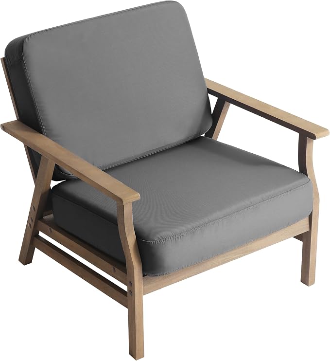 2 Piece Wood Patio Chair Outdoor Bistro Set, Outdoor Armrest Chair All Weather Patio Sofa Furniture Backyard Conversation Sets with Cushions, Dark Gray