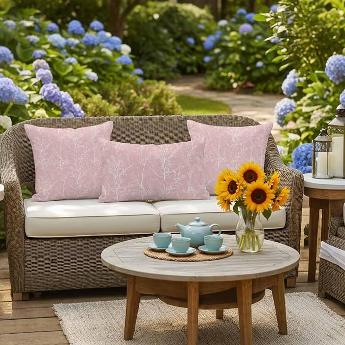 Pink Branches Waterproof Outdoor Pillow Covers Set of 2 Home Decor, Abstract Art Leaves Plant Lumbar Pillowcase Patio Pillow Covers for Couch Bench Patio Furniture Garden 20x12in
