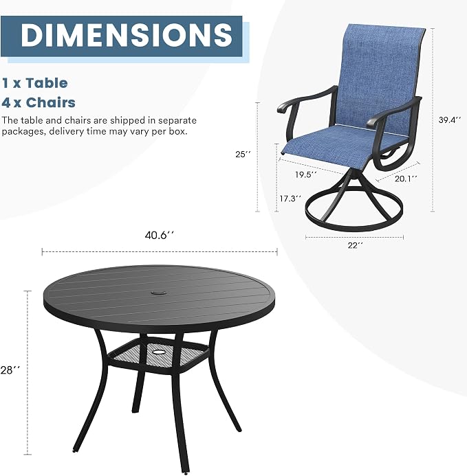 DIFY Outdoor Dining Set for 4, 5 Piece Patio Table and Chairs Set, Swivel Patio Dining Chairs with Blue Textilene & 40.6" Black Round Metal Dining Table with Umbrella Hole, for Garden Backyard Deck
