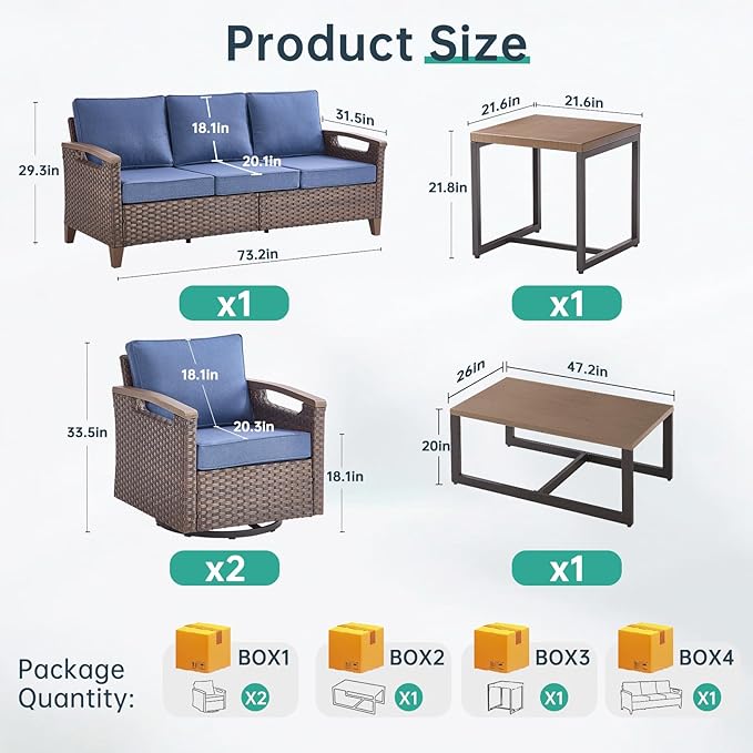Luxury 5 Piece Heavy Duty Patio Furniture Set with Swivel Chairs - All Weather Wicker Comfort Thick Cushion Outdoor Conversation Set with Sofa & Coffee Table for Porch Poolside Deck - Blue