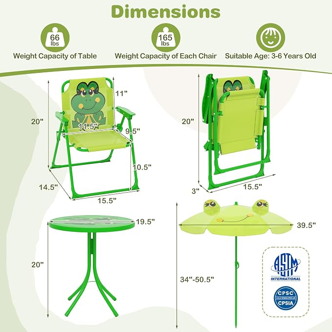 KOTEK Kids Picnic Table with Umbrella, Outdoor Table & 2 Folding Chairs, Cute Pattern Children’s Patio Furniture, Portable Kids Table and Chair Set for Backyard, Garden, Beach (Bright Green)
