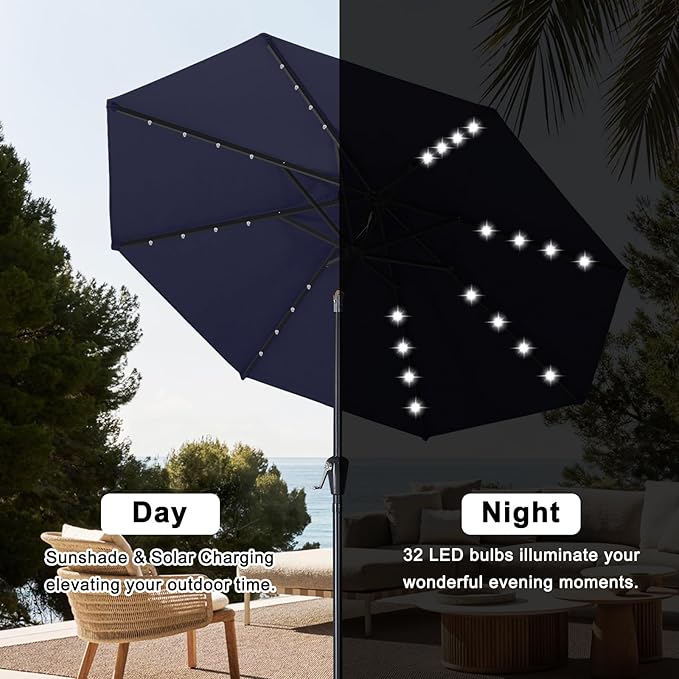 ABCCANOPY 10FT Durable Solar Led Patio Umbrellas with 32LED Lights (Navy Blue)