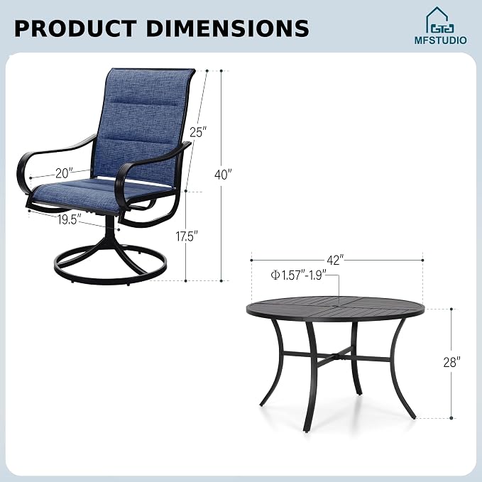 MFSTUDIO 5 Piece Outdoor Dining Set, Round Table & Swivel Chairs, Navy Blue | Padded textilene, Ergonomic high back, Metal table w/Umbrella hole, Rust-reistant, 4 Person, Patio deck garden backyard