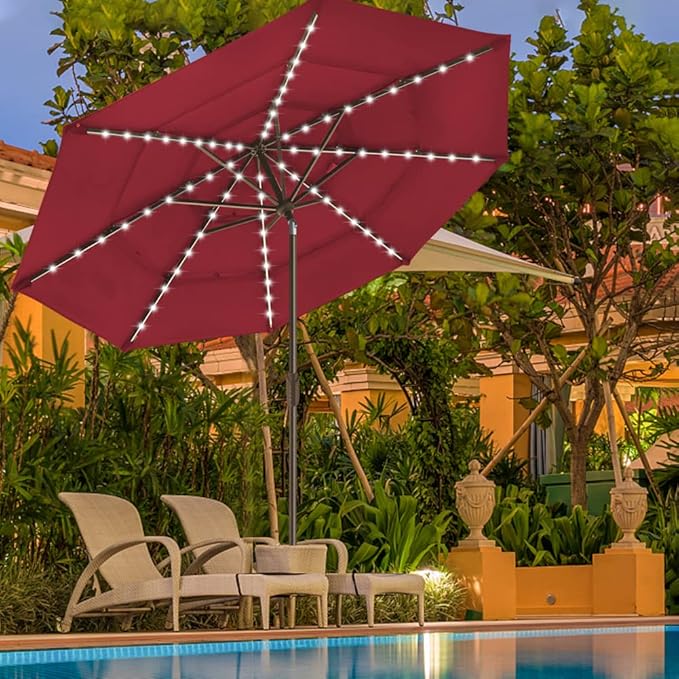 EliteShade USA 10-Year-Non-Fading 9ft 3-Tier Market Patio Umbrella, Commercial Table Umbrella with 80 Solar LED Lights, Crank Open, Windproof & UPF 50+ UV Protection for Garden, Deck, Pool, Backyard, Burgundy