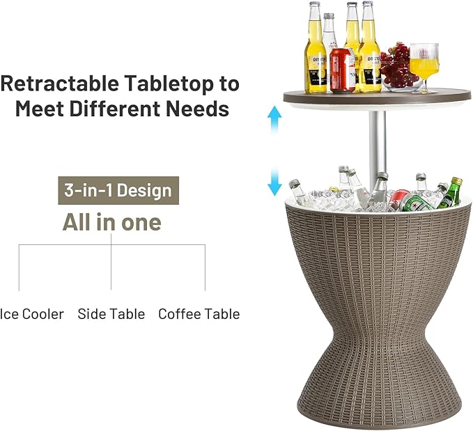 COSTWAY Outdoor Cool Bar Table, 8 Gallon Beer and Wine Cooler, Height Adjustable Rattan Style Cocktail Patio Bar Tables, 3-in-1 Ice Cooler with Drainage Plug for Deck, Pool, Party, Beach (Coffee)