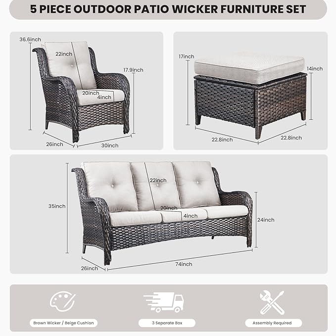 Belord Outdoor Wicker Furniture 5 Pieces Patio Furniture Sofa Set Patio Wicker Chairs with Ottomans Conversation Set for Porch Garden Deck Balcony Poolside