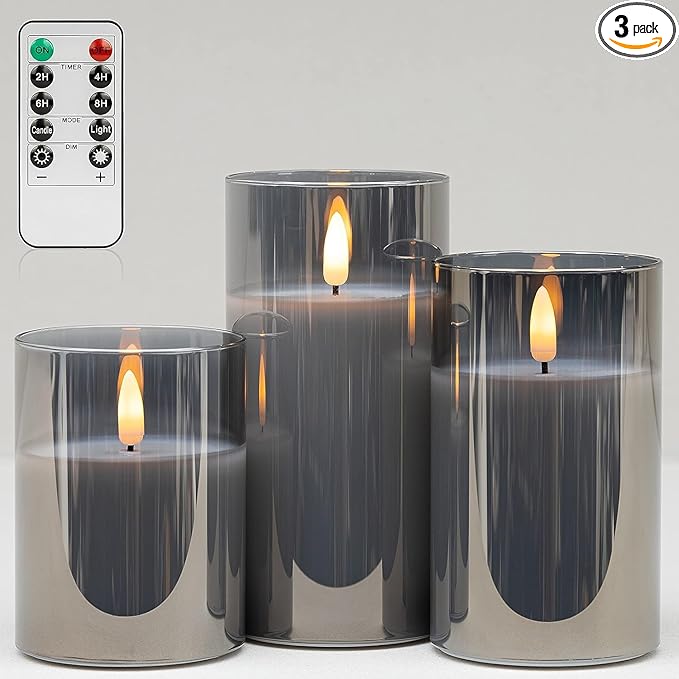 Grey Glass Flameless Candles with Timer - Battery Operated Candles with 10-Key Remote, Real Wax LED Flickering Pillar Candles for Home Decoration, D3 H 4" 5" 6", Set of 3