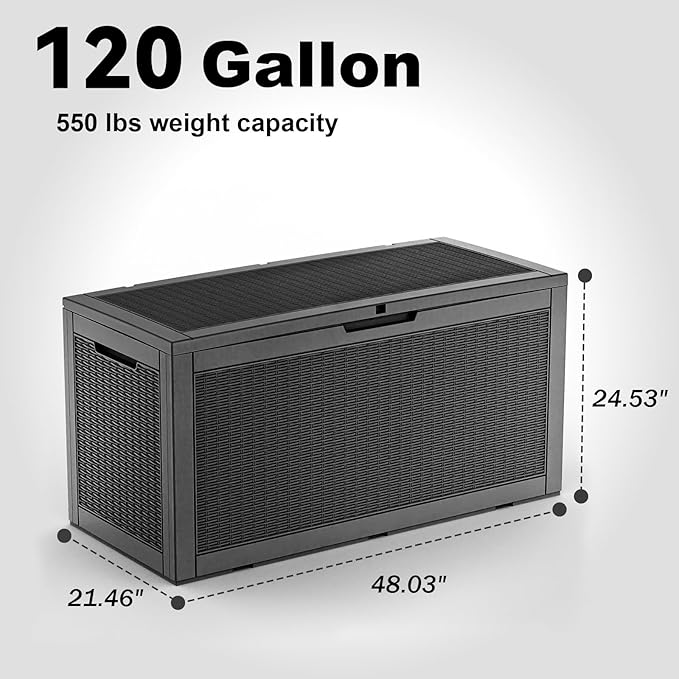 PatioZen 121 Gallon Deck Boxes Outdoor Waterproof, Weatherproof Outdoor Storage Boxes Lockable for Patio Furniture, Pool Supplies,Garden Tools(Black)