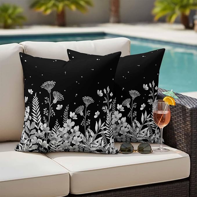 Outdoor Pillow Covers Waterproof, Vintage Floral Decorative Square Throw Pillowcases Patio Cushion Covers for Tent/Garden, 20" x 20" 2 Pack, Spring Wildflowers Country Botanical Black
