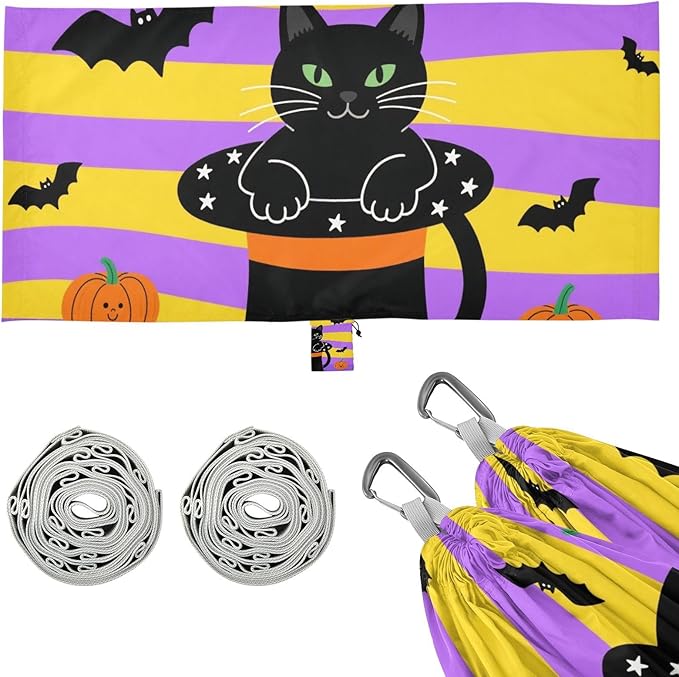 Halloween Black Cat and Pumpkins 330lb Capacity Outdoor Hammock with Hanging Rope Cloth Hammock for Outside Patio Garden amacas para patios con Base de adultos