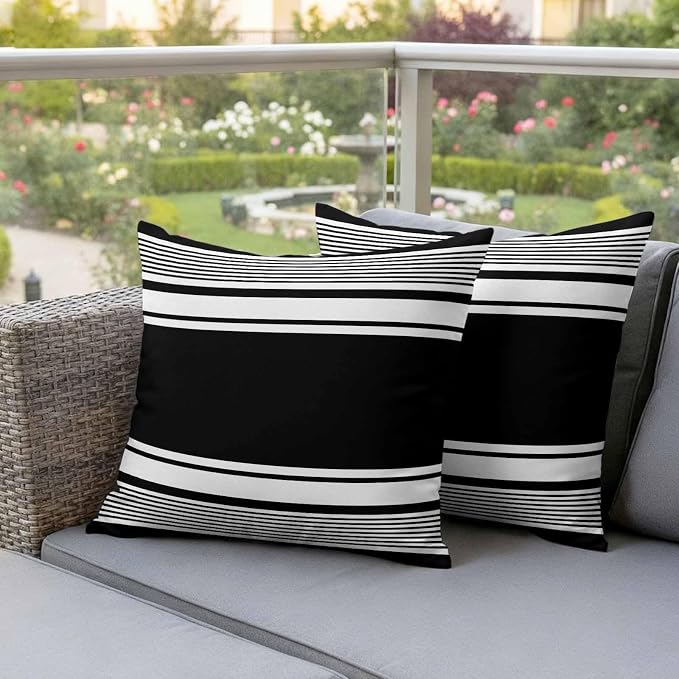 Outdoor Waterproof Throw Pillow Covers, Black Striped Decorative Pillow Cases, Modern Color Block Farmhouse Stripes Couch Pillow Protector Patio Sofa Cushion Covers Replacement 16"x16" 2 Pack